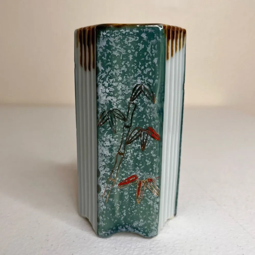 Vintage Hexagon Shape Japanese Vase Bamboo Green Sponge Red Gold Ridged Brown - Picture 11 of 11